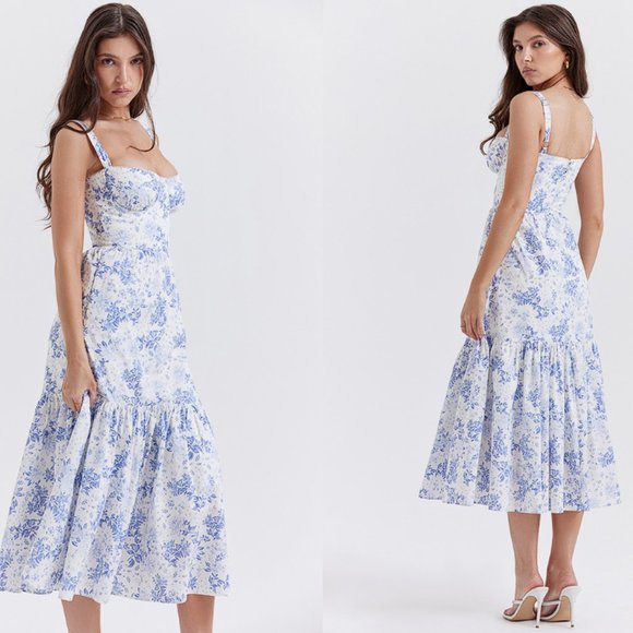 HOUSE OF CB 'Elia' Blue Print Midi Sundress NWOT - Picture 3 of 11